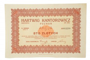 HARTWIG KANTOROWICZ Poznań Sp. Akc. Nachfolgerin, hundert Zloty Aktie Zweite Ausgabe