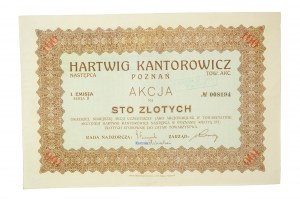 HARTWIG KANTOROWICZ POZNAŃ Sp. Akc. Następca, akcja na sto złotych I emisja