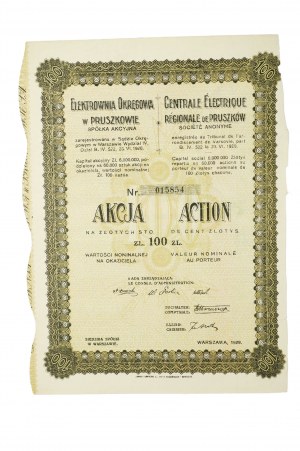 Elektrownia Okręgowa w Pruszkowie Spółka Akcyjna, akcia v nominálnej hodnote 100 zlotých na doručiteľa, Varšava 1929.