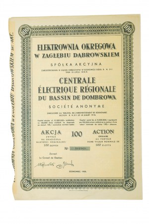 Elektrownia Okręgowa w Zagłębiu Dąbrowskim Spółka Akcyjna, kmeňová akcia v hodnote 100 zlotých, Sosnowiec 1935.