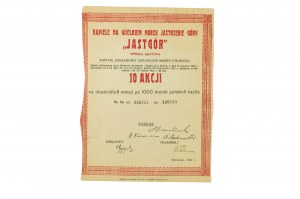 Akciová spoločnosť JASTGÓR 10 akcií po 1000 poľských mariek, bez kupónov, Varšava 1922.