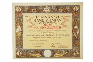 Poznański Bank Ziemian akcja na 100 złotych, Poznań 1 grudnia 1927r.