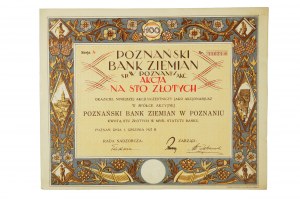 Poznański Bank Ziemianski akce na 100 zlotých, Poznaň 1. prosince 1927.