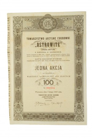 Towarzystwo Akcyjne Cukrowni OSTROWITE , jedna akcia na doručiteľa v nominálnej hodnote 100 PLN, Varšava 1. februára 1937