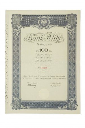 Bank Polski Varšava Akcia na doručiteľa v hodnote sto zlotých, 1. apríla 1934.