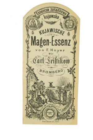 [Bydgoszcz] Kujawska żołądkowa Essencya / Kujawische Magen-Essenz von F. Hoyer bei Carl Leistikow in Bromberg, původní papírový štítek s ilustrací a medailí ocenění[BS].