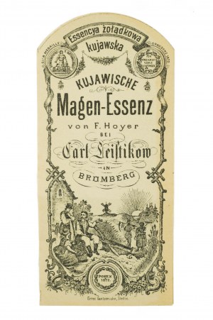 [Bydgoszcz] Kujawska żołądkowa Essencya / Kujawische Magen-Essenz von F. Hoyer bei Carl Leistikow in Bromberg, pôvodný papierový štítok s ilustráciou a medailami o udelení[BS].