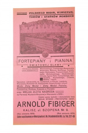 [KALISZ] Fortepiany i pianina światowej sławy Arnold FIBIGER, Kalisz ul. Szopena nr 9, ULOTKA REKLAMOWA lata 30-te XXw., [BS]