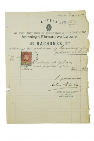 [Lviv] Apotheke unter dem römischen Kaiser Tytus Antoni EHRBAR in Lviv, ACCOUNT , Autograph von A. Ehrbar