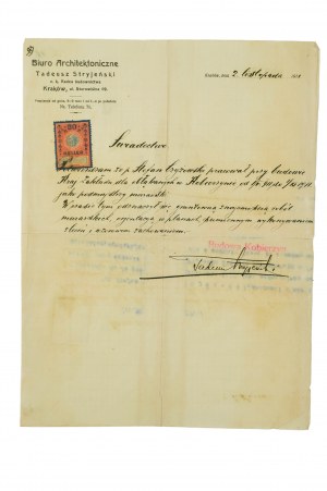 Architectural Bureau Tadeusz Stryjeński, Krakow, CERTIFICATE to the sub-master mason for the construction of the National Institution for the Insane in Kobierzyn, dated November 2, 1911, autographed by Tadeusz Stryjeński, a prominent architect and buildin