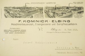 [Elbląg] F. KOMNICK Usine de construction de machines, fonderie de fer, usine de chaudières à vapeur à Elbląg / Elbing Maschinenbauanstalt, Eisengiesserei und Dampfkesselfabrik, CORRESPONDANCE 3 mars 1913, [BS].