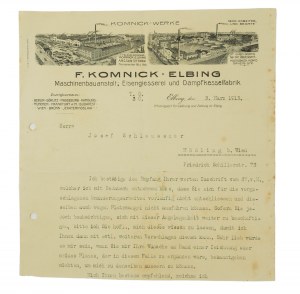 [Elbląg] F. KOMNICK Továrna na stroje, slévárna železa, továrna na parní kotle v Elblągu / Elbing Maschinenbauanstalt, Eisengiesserei und Dampfkesselfabrik, KORRESPONDENCE 3. března 1913, [BS].