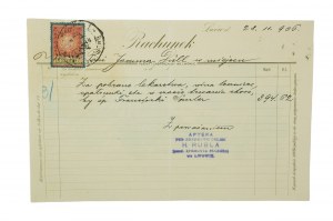 [Lviv] Apotheke unter dem Silbernen Adler von H. RUBEL [vor Z. Rucker] in Lviv, RECHNUNG für gesammelte Medikamente, Heilweine, Verbände, datiert 28.11.1906, [BS].