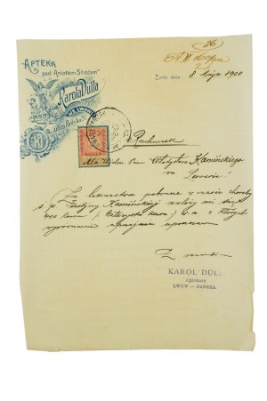 [Lvov] Lékárna pod Andělem strážným u Karla Dülla ve Lvově, Panská 21, ÚČET ze dne 8. května 1900.