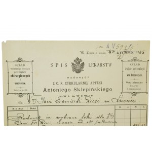 [Lwów] Apteka Cyrkularna Antoniego Sklepińskiego we Lwowie, RACHUNEK datowany 6 sierpnia 1905 roku, [BS]