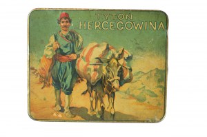 HERCEGOWINA tabac 100 grammes, boîte à tabac en fer blanc d'origine, marques du monopole du tabac polonais, [BS].