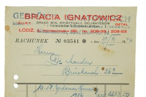 [Łódź] Bracia IGNATOWICZ Skład win , spirytualii, delikatesów i towarów kolonialnych Łódź, Piotrkowska 36 RACHUNEK z dnia 29.VI.1940r.