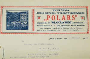 [Włocławek] Wytwórnia mebli giętych i wyrobów drzewnych POLARS, RACHUNEK dla Towarzystwa Wioślarskiego z 1 grudnia 1928 roku