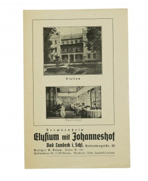 Preisliste für einen Aufenthalt im Gästehaus Elysium und Johanneshof in Ladek-Zdrój [Bad Landeck i. Schl.], [AW1].