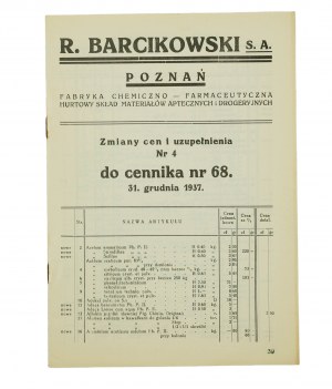 R. BARCIKOWSKI Poznań Chemical and Pharmaceutical Factory Wholesale Store of Pharmacy and Drugstore Materials CHANGES IN PRICES AND SUPPLEMENTS to Price List No. 68, December 31, 1937, [AW1].