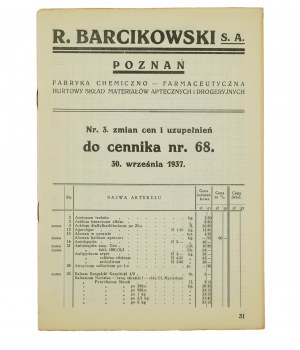 R. BARCIKOWSKI Poznań Fabryka Chemiczno - Farmaceutyczna Hurtowy Skład Materiałów Aptecznych i Drogeryjnych ZMIANY CEN i UZUPELNIENIA do cennika nr 68, 30 września 1937r., [AW1]