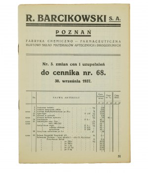 R. BARCIKOWSKI Poznań Chemical and Pharmaceutical Factory Wholesale Store of Pharmacy and Drugstore Materials CHANGES IN PRICES AND SUPPLEMENTS to price list No. 68, September 30, 1937, [AW1].