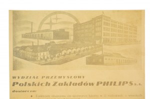 Dipartimento industriale della polacca PHILIPS Plants S.A., [prima del 1939], pubblicità su pannello 18,5 x 25,5 cm con vista dello stabilimento Philips, [AW1].