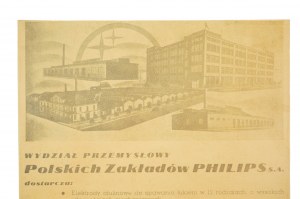 Industrieabteilung der polnischen PHILIPS Plants S.A., [vor 1939], Anzeige auf Tafel 18,5 x 25,5 cm mit Ansicht des Philips-Werks, [AW1].