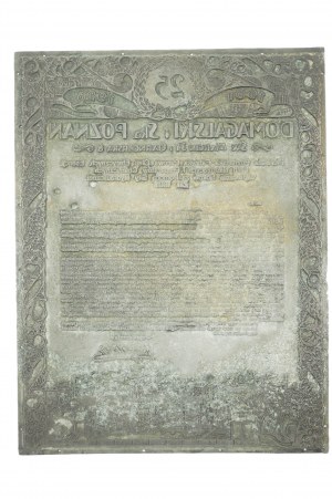 [MATRICE PUBLICITAIRE] DOMAGALSKI et Ska Poznań , plaque originale/matrice publicitaire pour célébrer 25 ans d'activité [1901-1926], [AW1].