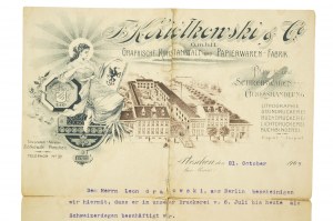 [Pleszew] F.K. Ziółkowski & Co. Graphische Kunstanstalt und papierwaren fabrik, KORESPONDENCE z 21. října 1907, tovární budovy, logo firmy, [AW1].