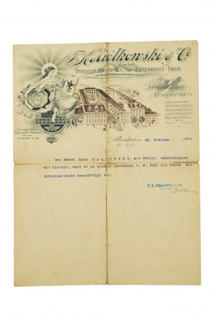 [Pleszew] F.K. Ziółkowski & Co. Graphische Kunstanstalt und papierwaren fabrik, KORESPONDENCJA z dnia 21 października 1907r., zabudowania fabryki, logo firmy, [AW1]