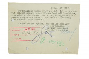 [Lemberg] Koncern Hops Sp. z o.o. Lviv ul. 3-go maja 5, KORRESPONDENZ mit dem Ersten Verband der Gläubiger der R.P. 'Providentia', datiert 8.VI.1933, [AW1].