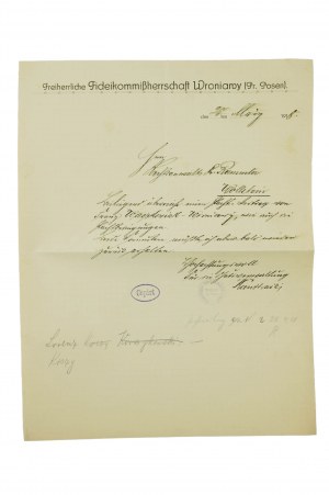 Panstvo WRONIAWY, korešpondencia z roku 1918. Toto panstvo patrilo od 19. storočia rodine Antoniny Platerovej z Gajewských, [AW1].