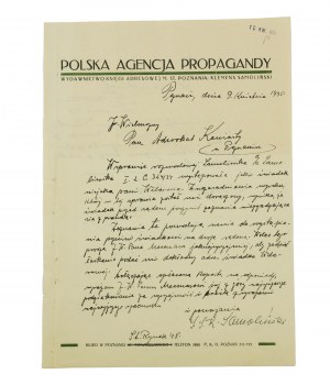 Polska Agencja Propagandy Wydawnictwo Księgi Adresowej m. st. Poznania, Klemens Samoliński, CORRESPONDENCE sur une typographie avec l'autographe du propriétaire [AW1].