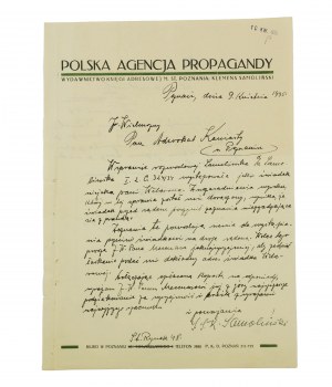 Polish Propaganda Agency Publishers of the Address Book of the City of Poznań, Klemens Samolinski, CORRESPONDENCE on letterpress with owner's autograph [AW1].
