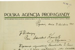 Polska Agencja Propagandy Wydawnictwo Księgi Adresowej m. st. Poznania, Klemens Samoliński, CORRESPONDENCE sur une typographie avec l'autographe du propriétaire [AW1].