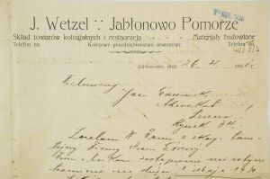 Jabłonowo Pomorze J. WETZEL Skład towarów kolonialnych, materiały budowlane, Kolejowe przedsiębiorstwo dowozowe KORESPONDENCJA datowana 26.4.1930r., [AW1]