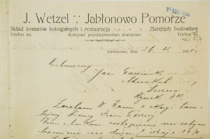 Jablonowo Pomorze J. WETZEL Obchod s koloniálnym tovarom, stavebným materiálom, Železničná dodávateľská spoločnosť KORESPONDENCIA z 26.4.1930, [AW1].