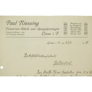 [Leszno] Paul NIESSING Conserven Fabrik und Spargelplantagen / Fabryka konserw i plantacja szparagów, KORESPONDENCJA z 21.5.1918r., [AW1]