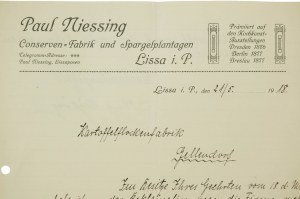 [Paul NIESSING Conserven Fabrik und Spargelplantagen / Fabbrica di conserve e piantagione di asparagi, CORRISPONDENZA del 21.5.1918, [AW1].