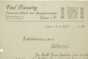 [Leszno] Paul NIESSING Conserven Fabrik und Spargelplantagen / Canning factory and asparagus plantation, CORRESPONDANCE datée du 21.5.1918, [AW1].