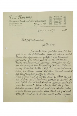 [Leszno] Paul NIESSING Conserven Fabrik und Spargelplantagen / Canning factory and asparagus plantation, CORRESPONDENCE dated 21.5.1918, [AW1].