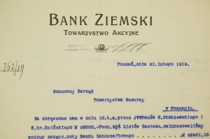 Bank Ziemski Towarzystwo Akcyjne Poznań, KORRESPONDENZ über Zahlungen von Graf Bniński und Herrn Stablewski, 21. Februar 1919, [AW1].