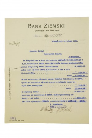 Bank Ziemski Towarzystwo Akcyjne Poznań, KORESPONDENCJA o wpłatach hr. Bnińskiego i p. Stablewskiego, 21 luty 1919r., [AW1]
