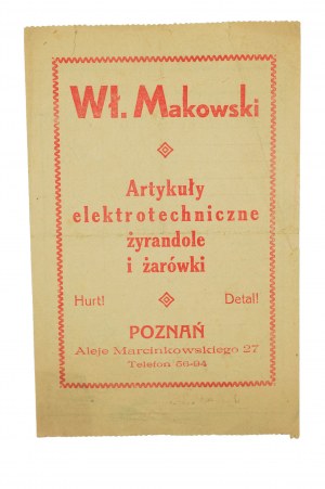 Wł. MAKOWSKI Artykuły elektrotechniczne, żyrandole i żarówki, Poznań Aleje Marcinkowskiego 27, RACHUNEK z REKLAMĄ na odwrocie,[AW1]