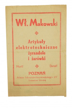 Wł. MAKOWSKI Artykuły elektrotechniczne, żyrandole i żarówki, Poznań Aleje Marcinkowskiego 27, ACCOUNT with ADVERTISEMENT on the back,[AW1].