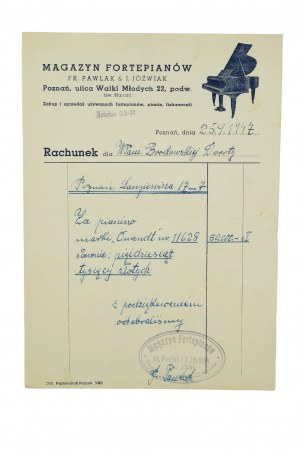 Sklad klavírů Fr. Pawlak & J. Jóźwiak, Poznaň Walki Młodych 22, FAKTURA za klavír, 1947, autogram majitele, [AW1].