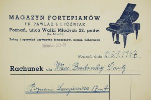 Piano Warehouse Fr. Pawlak & J. Jóźwiak, Poznan Walki Młodych 22, ACCOUNT for piano, 1947, owner's autograph, [AW1].