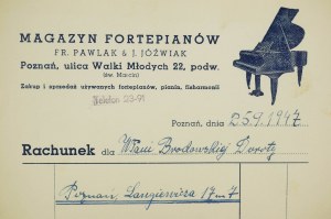 Sklad klavírov Fr. Pawlak & J. Jóźwiak, Poznaň Walki Młodych 22, FAKTÚRA za klavír, 1947, autogram majiteľa, [AW1].