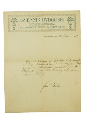 Dziennik Bydgoski , CORRESPONDENCE dated June 16, 1914, autograph of publisher Jan Teska , [AW1].